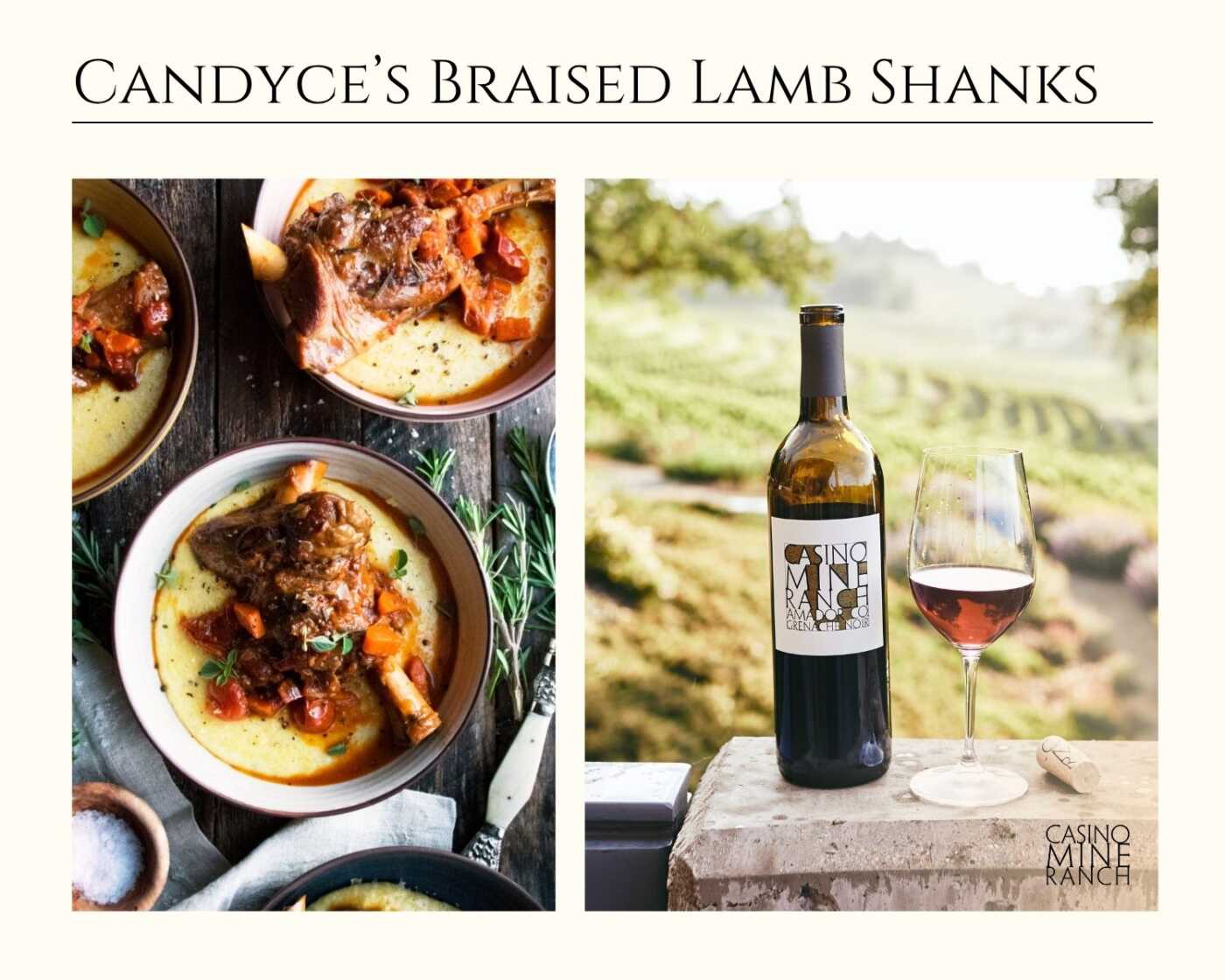 Braised lamb shank in a creamy polenta bowl with picture of the Grenache Noir wine with vineyard in the background.