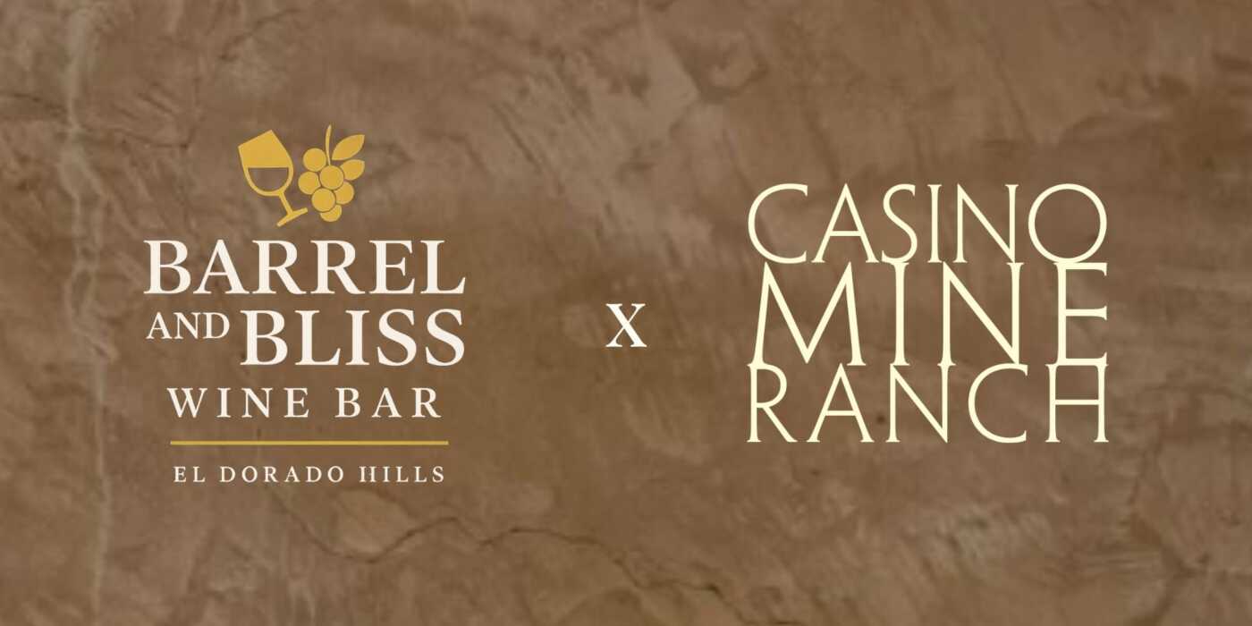 Logos of Barrel and Bliss wine bar and Casino Mine Ranch with an old world tan stucco background.