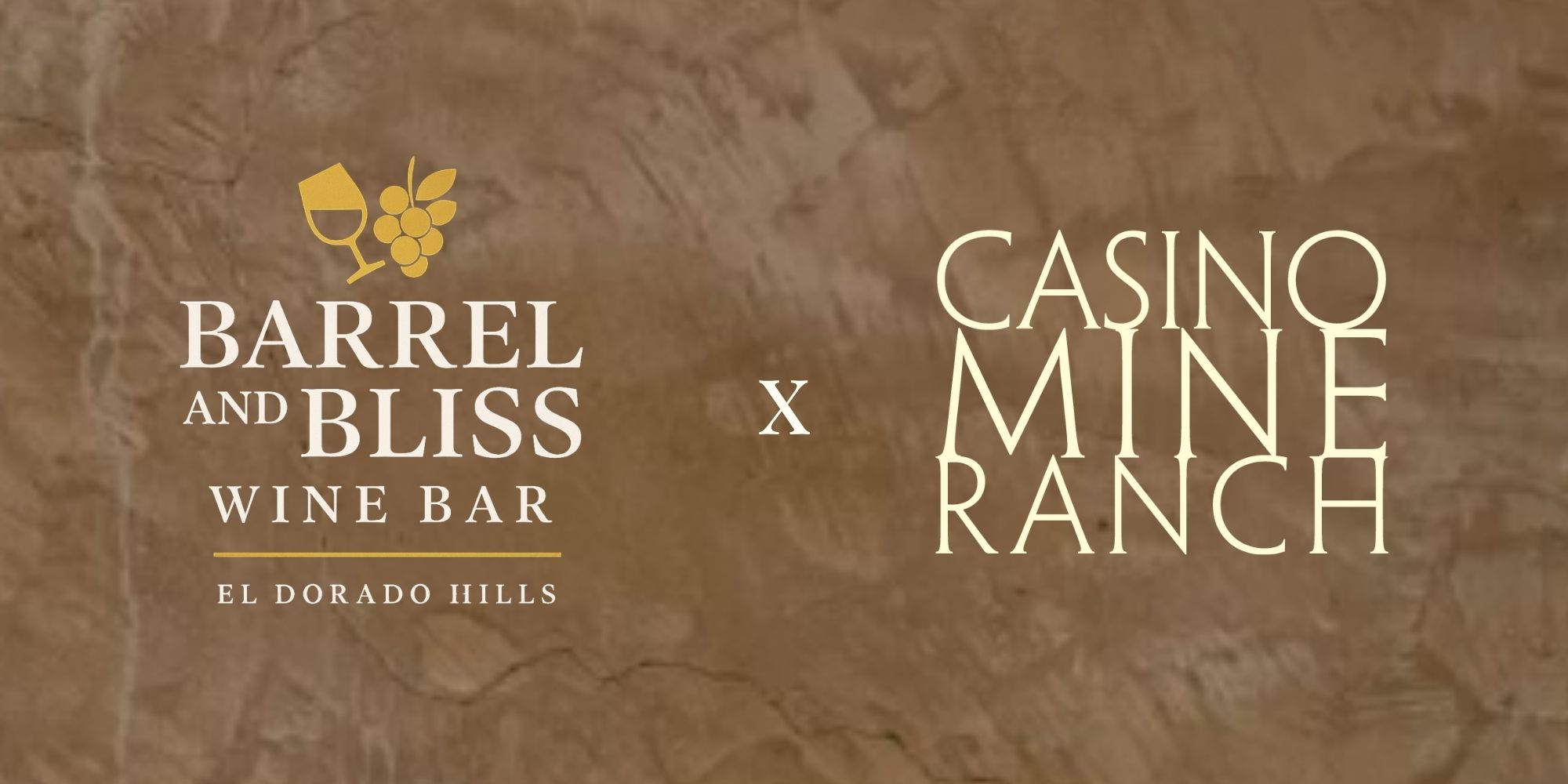 Logos of Barrel and Bliss wine bar and Casino Mine Ranch with an old world tan stucco background.