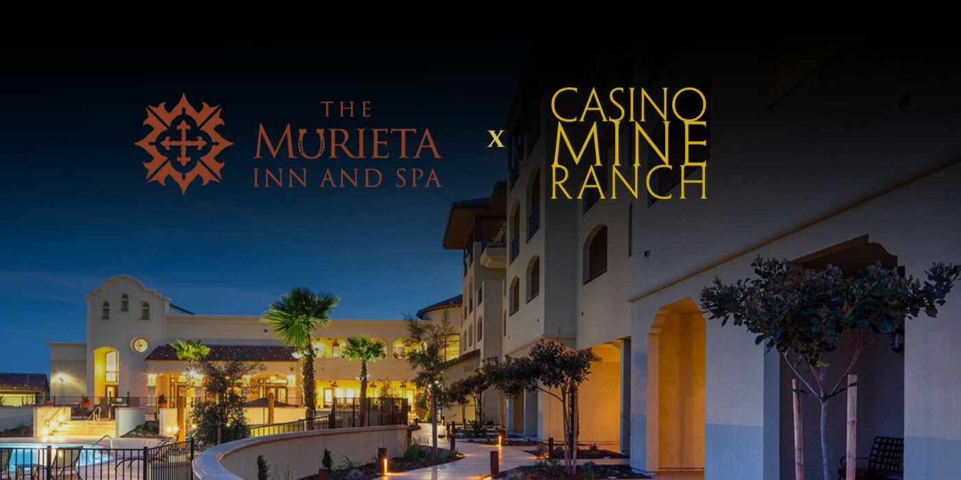 Murieta Inn & Spa wine residency for Casino Mine Ranch wines with their logos in front of the Murieta Inn & Spa hotel image.