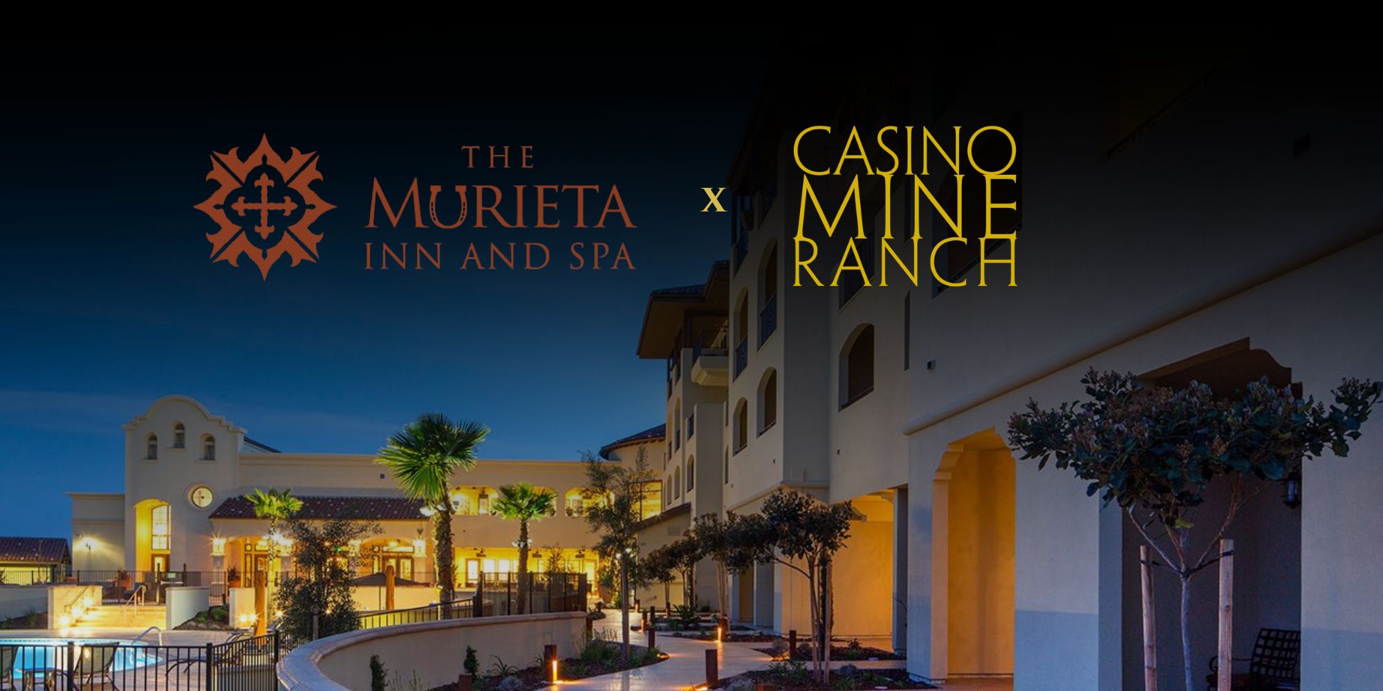 Murieta Inn & Spa wine residency for Casino Mine Ranch wines with their logos in front of the Murieta Inn & Spa hotel image.