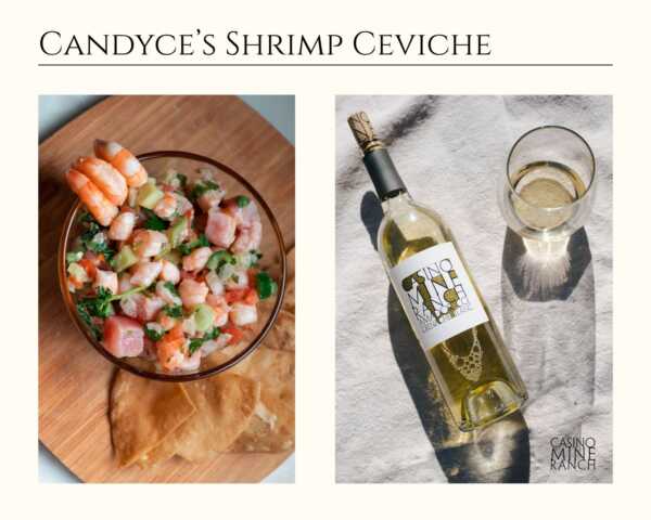 First picture is of shrimp ceviche in a bowl with chips on the side. Second picture is a bottle of Casino Mine Ranch Grenache Blanc and wine glass with exaggerated shadows.